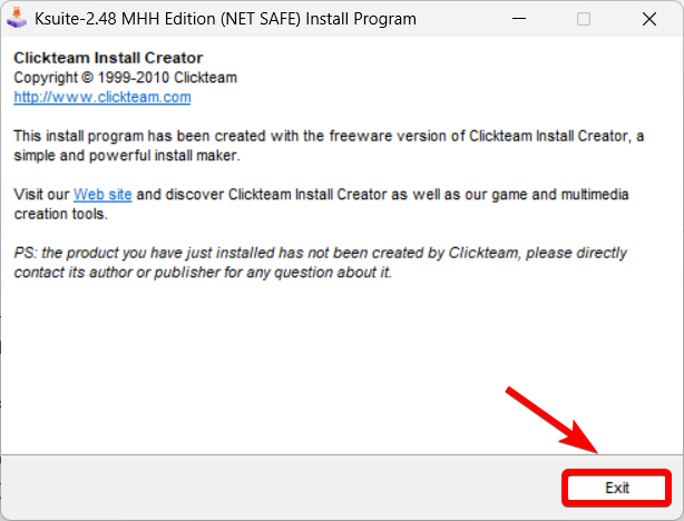 Финальное окно установщика K-Suite 2.48. Нажмите Exit.