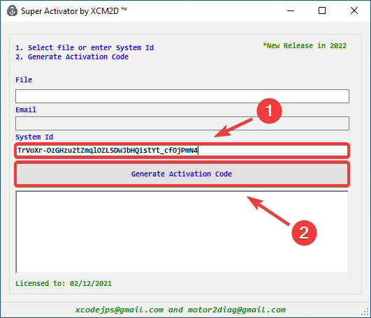 Окно активатора с полем "System ID", куда необходимо вставить скопированный идентификатор, и кнопкой "Generate Activation Code".