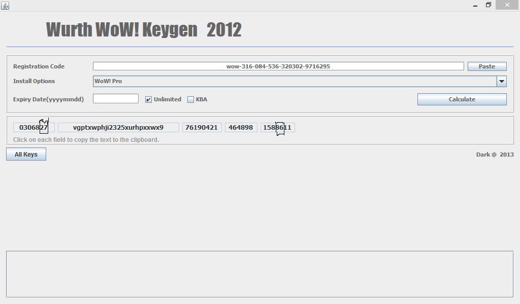 Окно Keygen. Введите ваш ключ, выберите "WoW! Pro" и нажмите "Calculate".