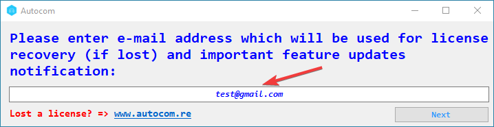 Окно ввода адреса электронной почты. Можно ввести любой действительный e-mail.