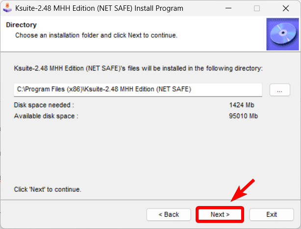 Окно выбора пути установки K-Suite 2.48. Выберите путь и нажмите Next.