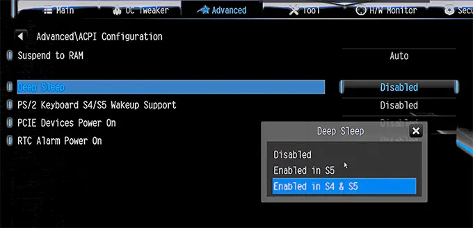 Настройка Deep Sleep на ASRock