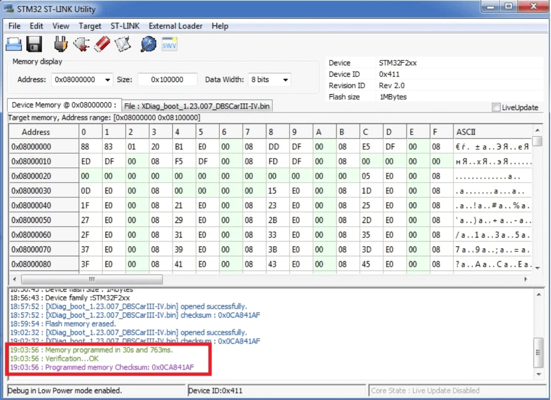 Запись прошивки завершена в STM32 ST-LINK Utility