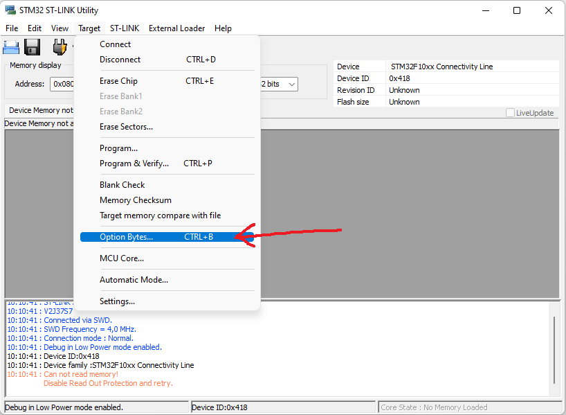 Окно Option Bytes