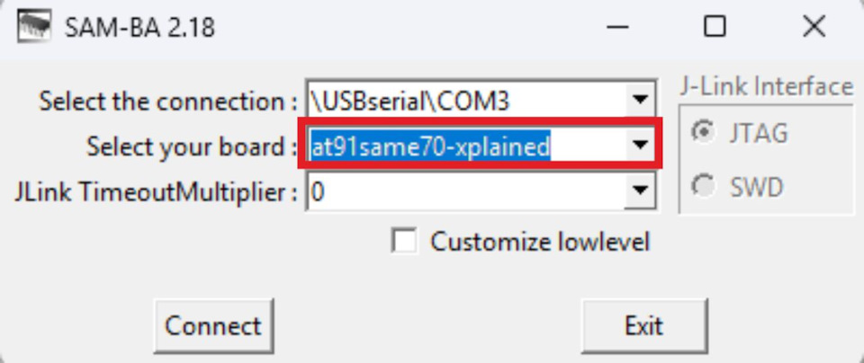 Выбор COM-порта и платы at91same70-xplained в SAM-BA 2.18
