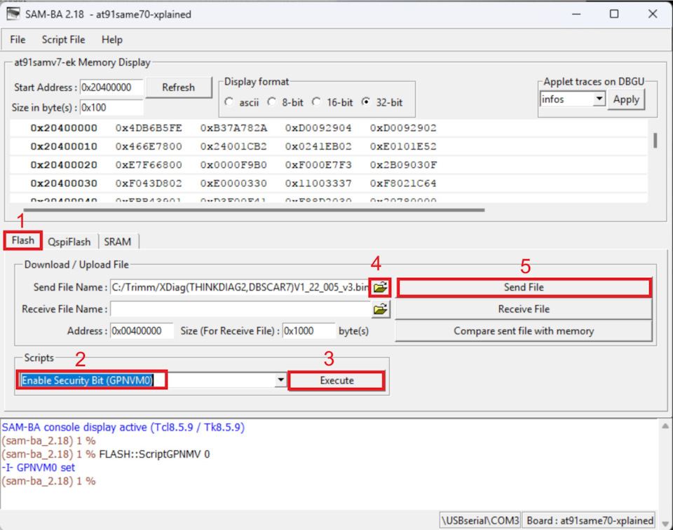 Основное окно SAM-BA с вкладкой Flash, скриптом GPNVM0 и отправкой файла прошивки