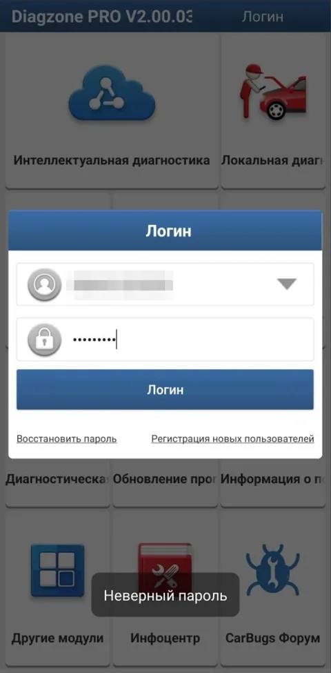 Diagzone: «Неверный пароль» при входе